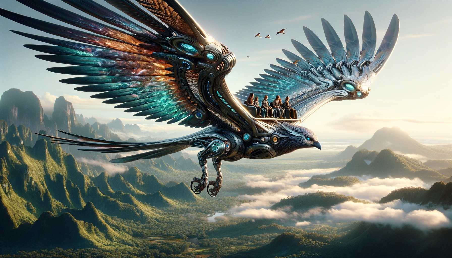 DALL·E 2024-01-23 11.36.16 – Envision a majestic, futuristic bird, vast in scale, with humans seated on its back. The bird has a striking appearance, combining natural and advance